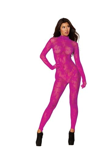 Dreamgirl Women's Plus Size Fishnet Catsuit Body Stocking with Seamless Floral Knit, Long Sleeves with Built In Gloves, Stretch Lace Mock Turtleneck with Snap Closure, One Size Queen, 1PC, Azalea - Image 7