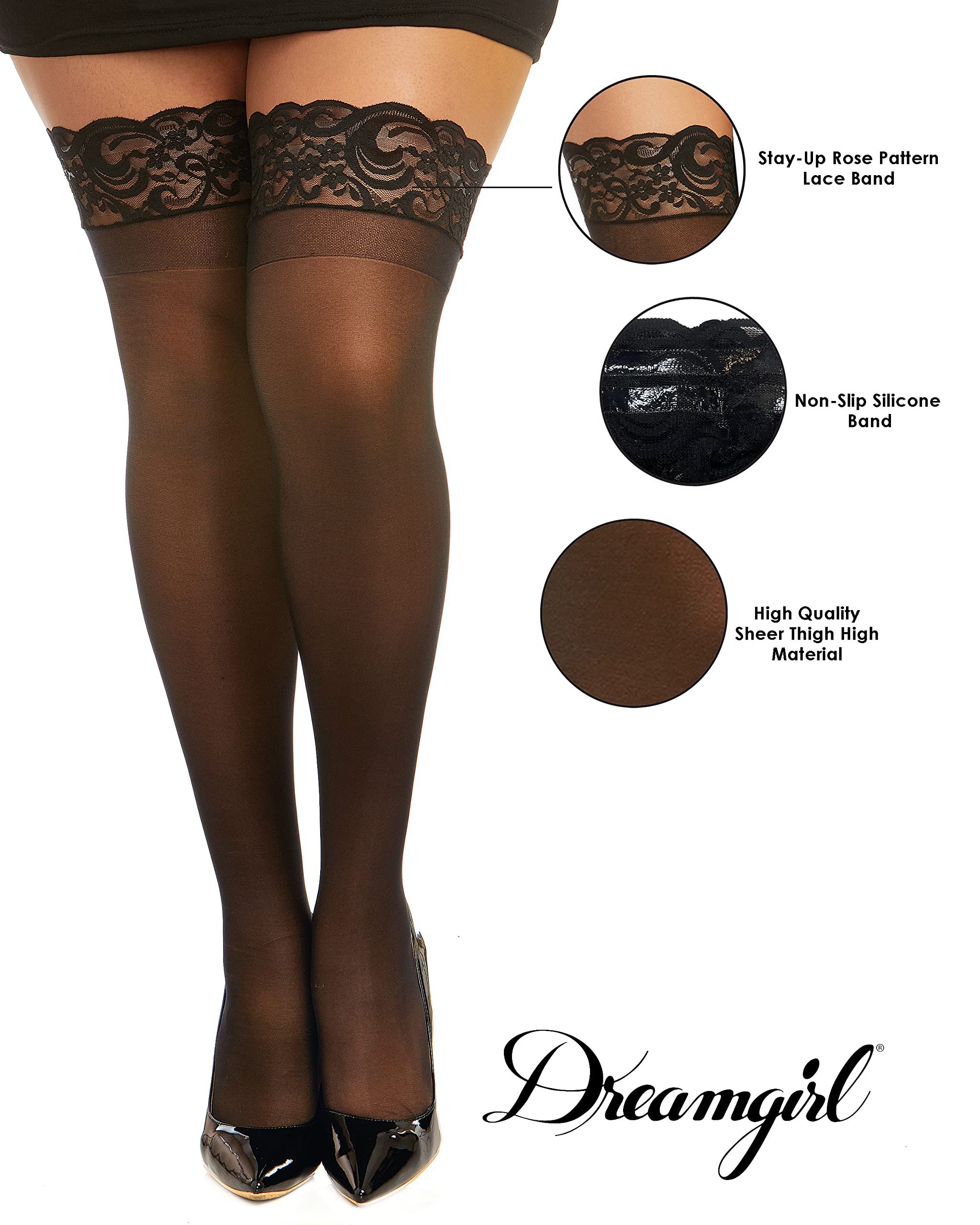 Dreamgirl Women's Plus Size Sheer Thigh High Pantyhose, Hosiery, Nylons, Stockings with Comfort Lace Top Anti-Slip Silicone Elastic Band, Black - Image 4