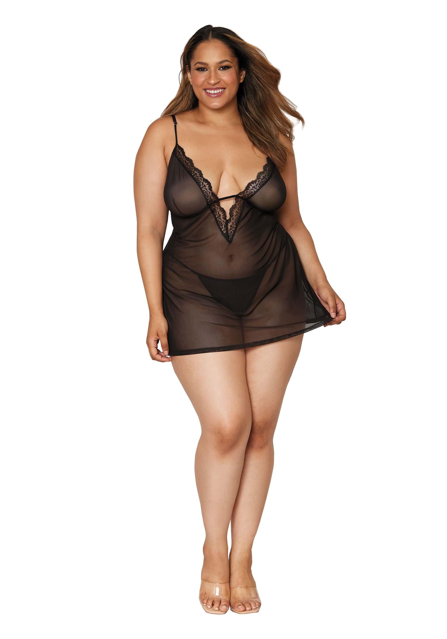 Dreamgirl Women's Plus Size Stretch Mesh Chemise & Robe Set - Image 5