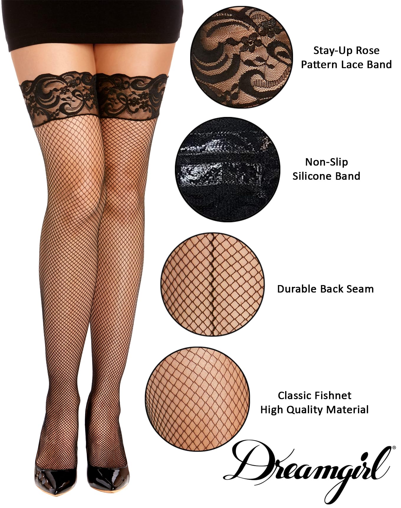 Dreamgirl Womens Fishnet Thigh High Stockings with Silicone Lace Top and Back Seam - Image 3